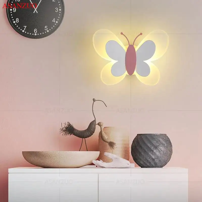 Pink Butterfly Led Wall Sconce For Kids Bedroom Night Lights Deco Maison Lampara De Pared Lamp For Girls room