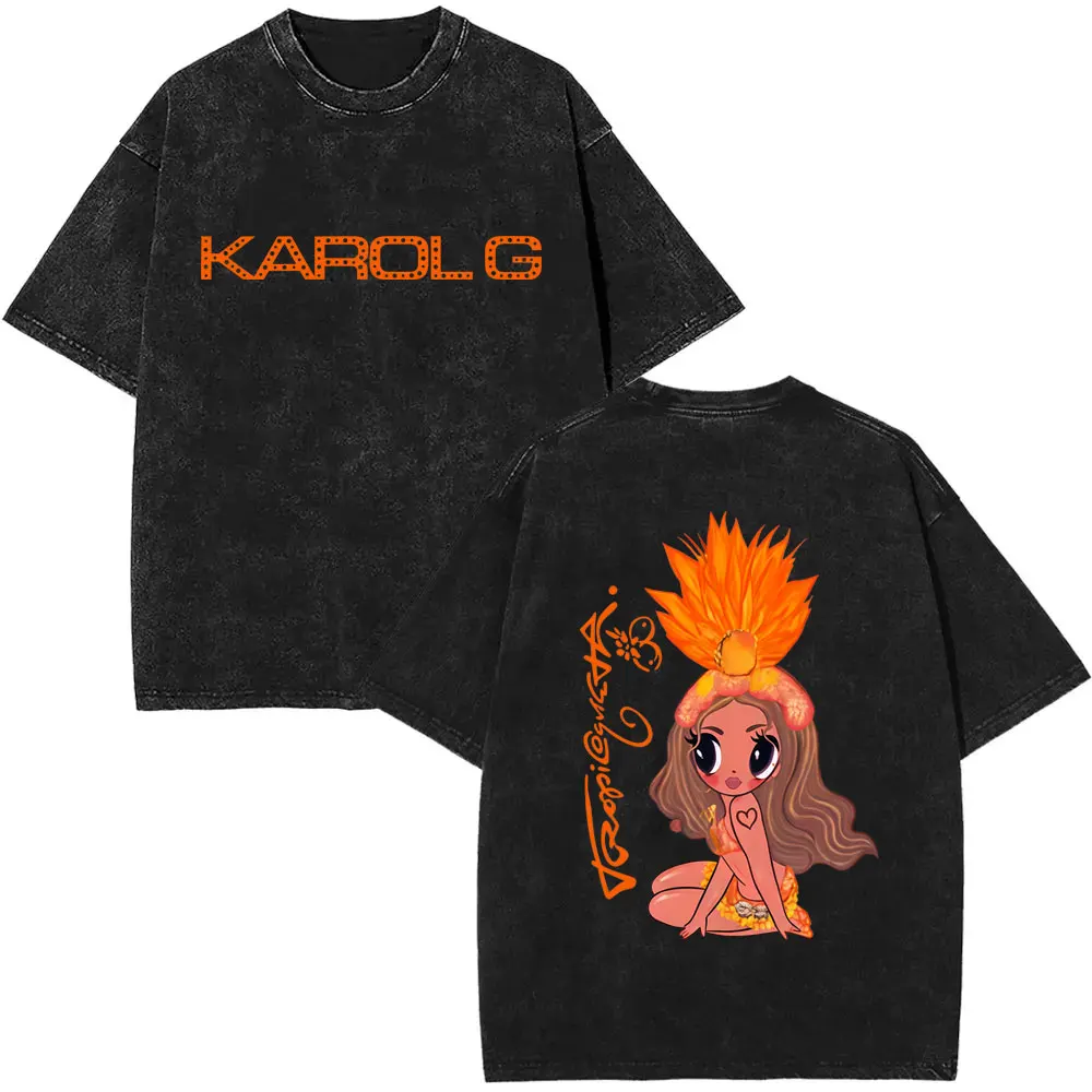 Karol G Tropicoqueta غلاف ألبوم الموسيقى 2025 خمر غسلها تي شيرت الرجال النساء عادية المتضخم تي شيرت موضة موسيقى البوب تي شيرت