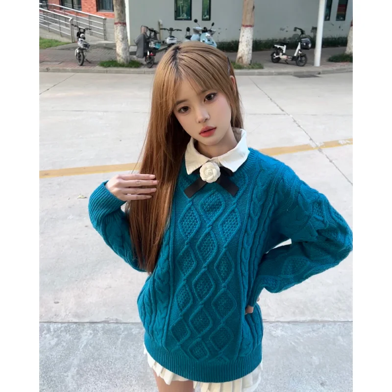 Frauen Kleidung Vintage Strick pullover blau Langarm lässig koreanische Mode Einfachheit Baggy weiblich Winter solide Tops