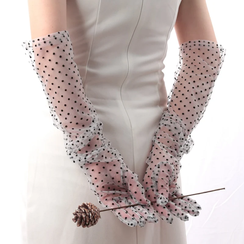 Guantes negros de encaje para mujer, mitones de puntos ondulados de gasa, protector solar transpirable, etiqueta de Boda nupcial, guantes largos de