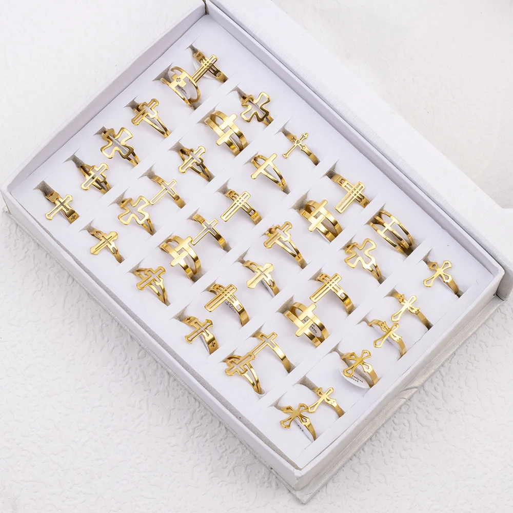 36Pcs/Lot Wholesale Stainless Steel Ring For Hollow Cross Jewelry Charms Finger Decoration Gift