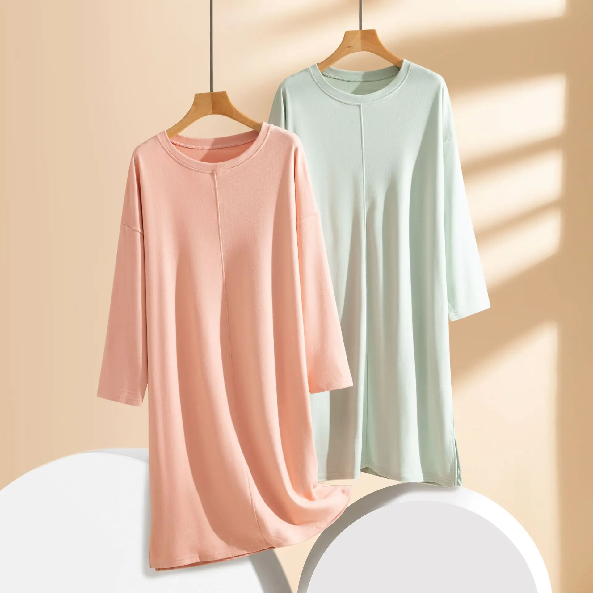 Women's Dralon Thermal Long Sleeve Nightdress Double-Sided Brushed Velvet nightgown O Neck Mid-Length warm Sleep Dress
