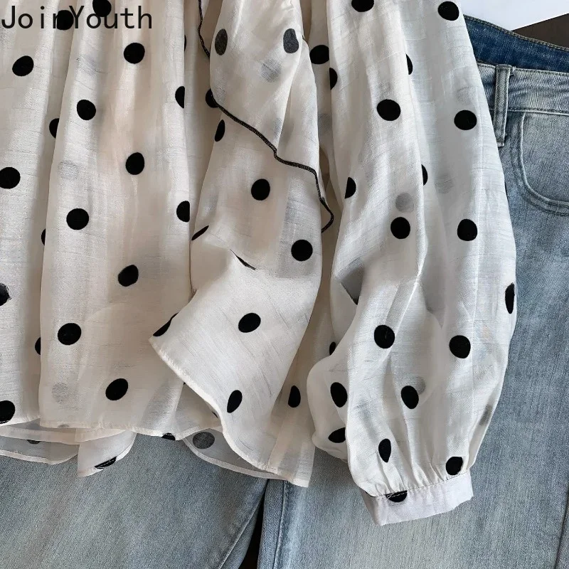 Polka Dot Blouses for Women O-neck Long Sleeve Loose Shirts 2024 Blusas Mujer De Moda Fashion Sweet Ruffles Summer Blouse Tops