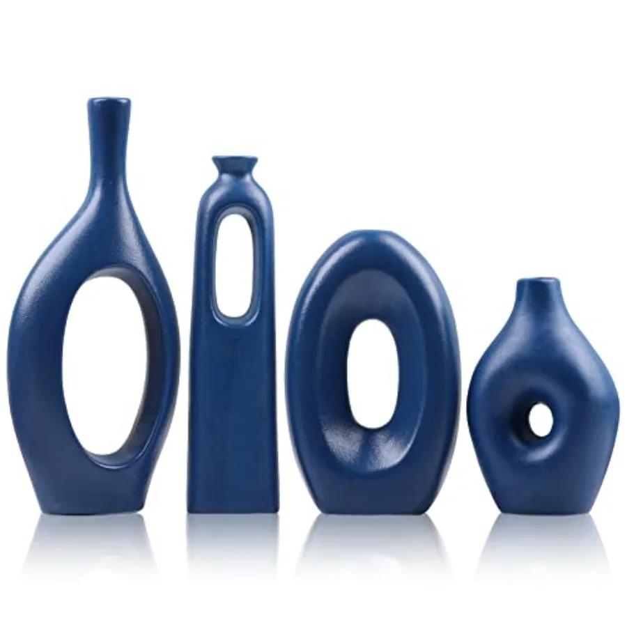 

Ceramic Vase of 4 - Round Hollow Boho Vases for Pampas Grass and Flowers Decor, Modern Minimalist Small Vases for Living Room,