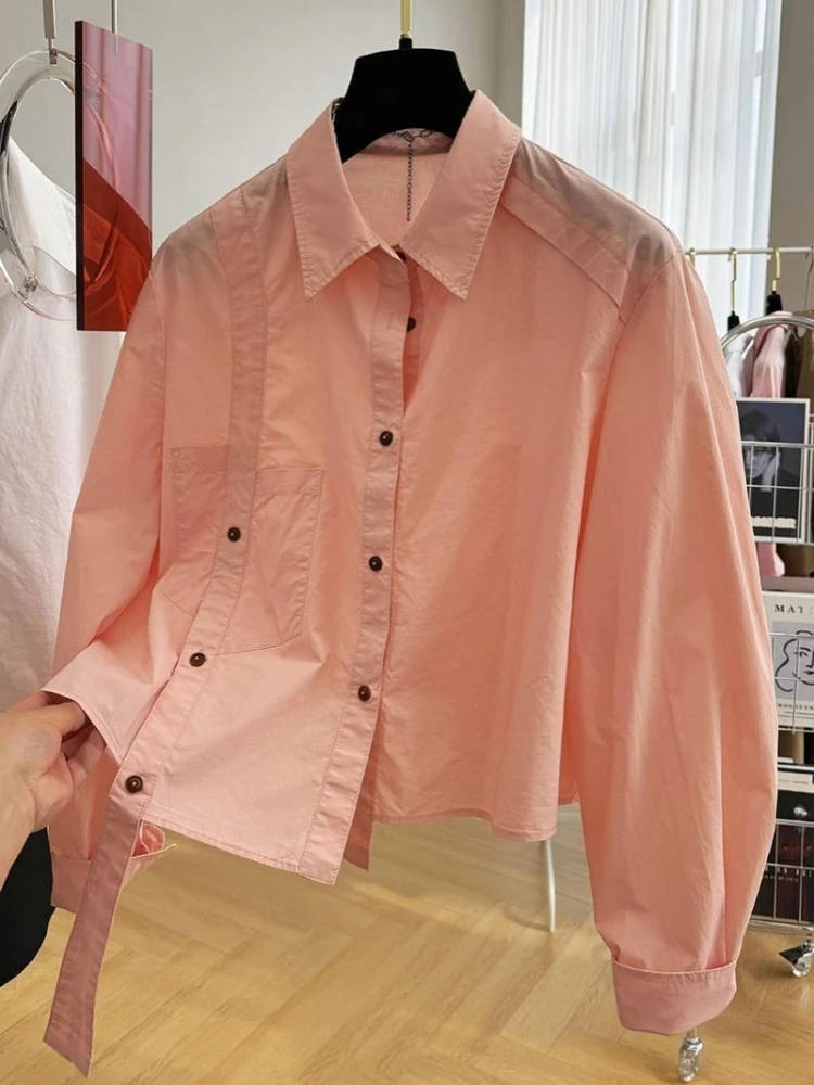 Camisa de manga larga con solapa francesa para mujer, blusa informal holgada, camisa corta con diseño de nicho, primavera 2024