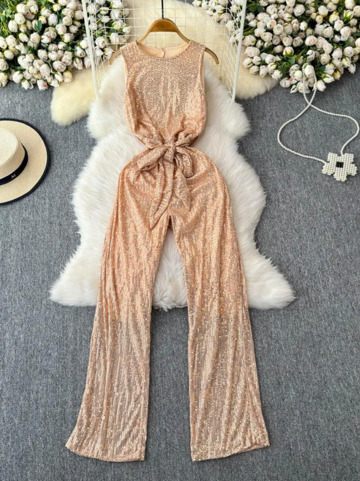 Shiny Sequin Jumpsuit Women's Fashion High Waist Long Pants Sparkling Ins Clothing Neckline Back Exposure Commute Style