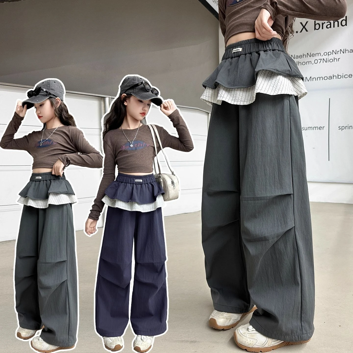 

Kids Girl Plaid Skirt Stitching Pants 2025 New Arrival Children Casual Wide Leg Pants Teenage Girls Autumn Cotton Loose Trousers