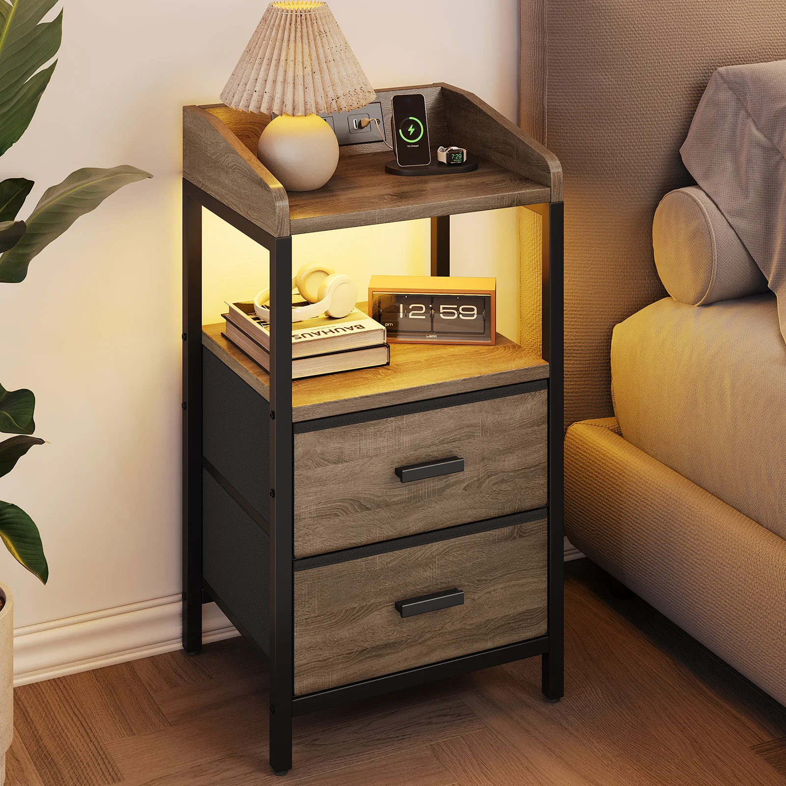 

Nightstand with Charging Station Modern Bedside End Side Table with Guardrail Storage Shelf 2 Fabric Drawers USB Ports AC Outlet