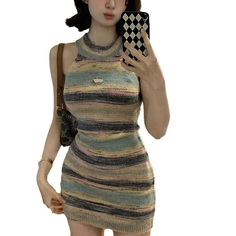 2025 Zomer Y2k Leuke Kleurblok Strepen Halter Hals Gebreide Wikkeljurk Sexy Mode Bodycon Strapless Afslanken O-hals Vrouwen Jurk