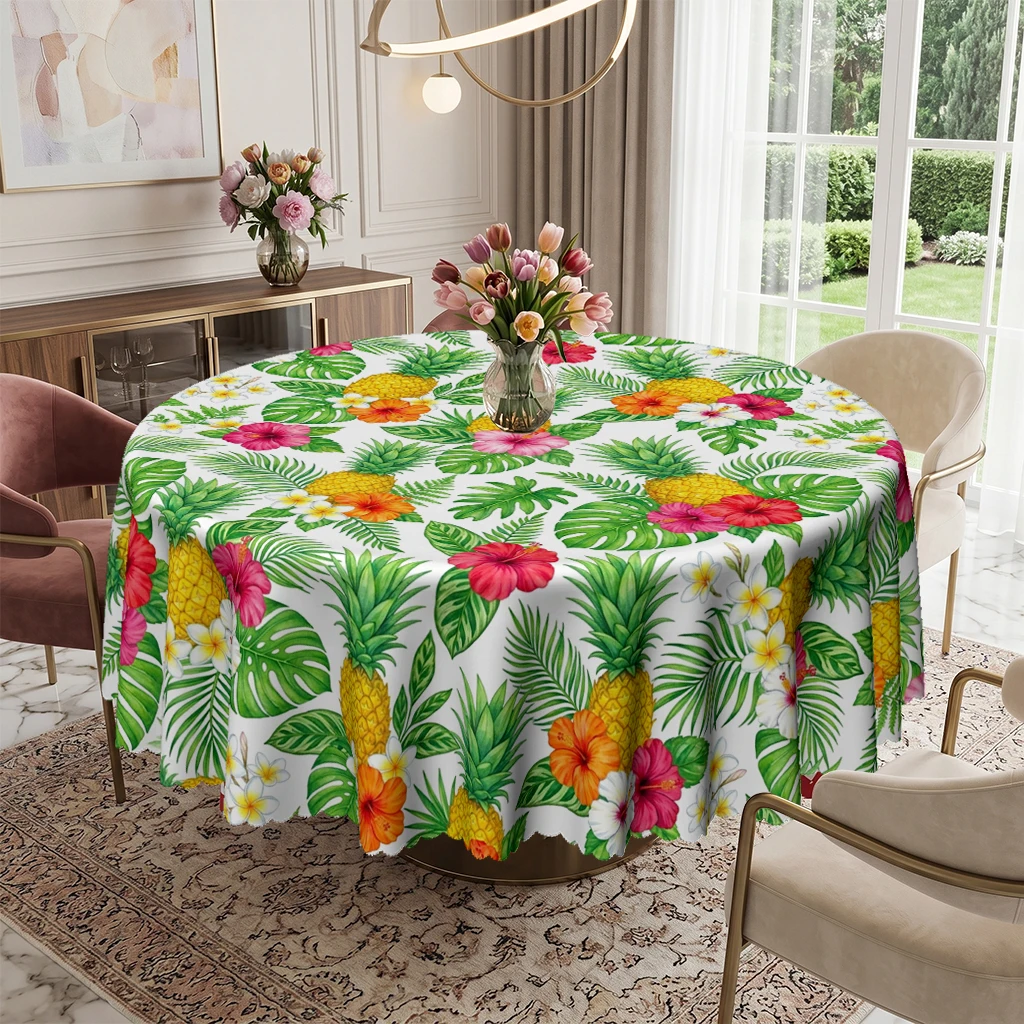 Tropical Pineapple Round Tablecloth, Hawaiian Luau Party Hibiscus Floral Palm Leaves Pattern Table Cover, Summer Bright Botanical Decorative Cloth for Kitchen Dining Room Indoor Outdoor Picnic Banquet, Washable Wrinkle Resistant Home Decor Accent