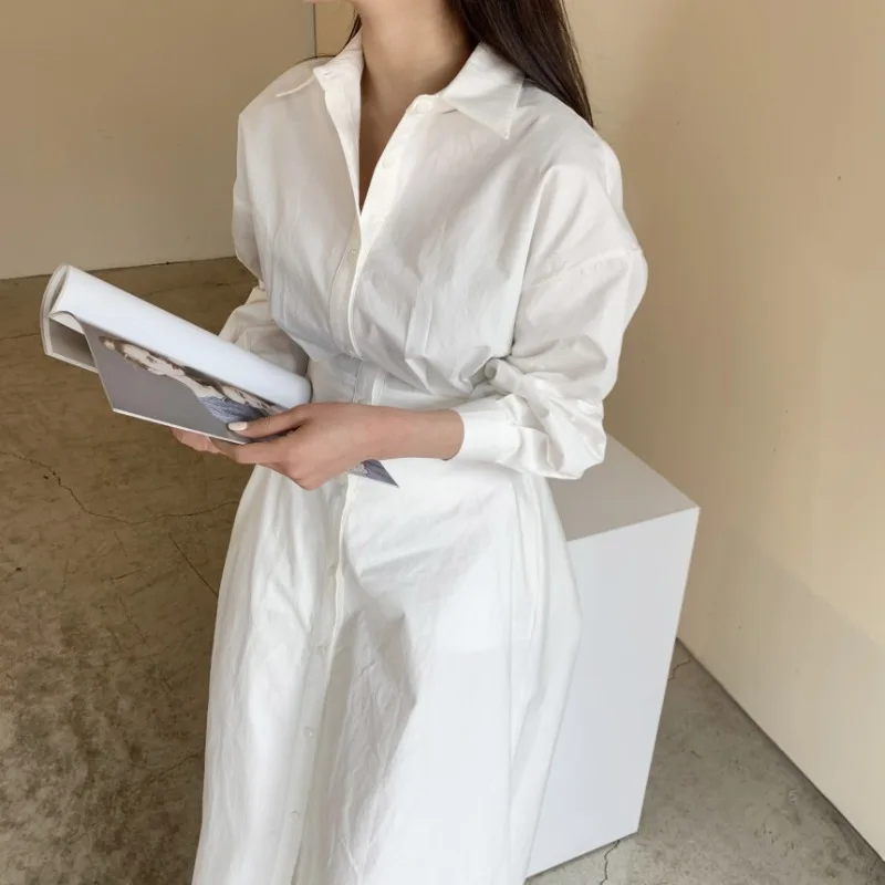 여성용 화이트 엘레강트 맥시 셔츠 드레스 싱글 브레스트 롱 랜턴 슬리브 하이 웨이스트 드레스 한국 시크 오피스 레이디 출퇴근 프렌치 스타일