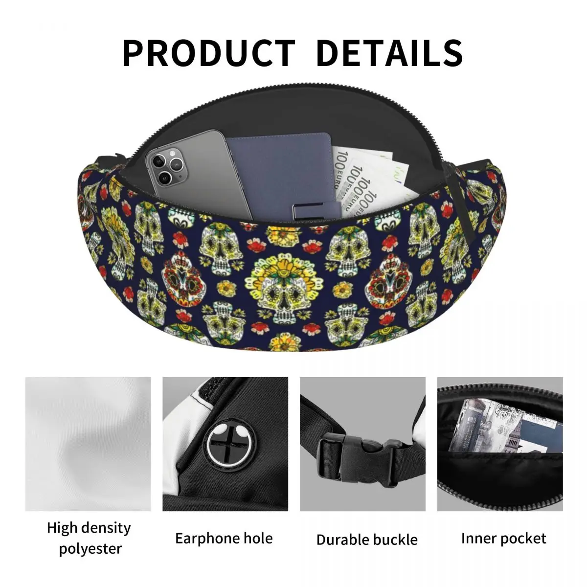 Sugar Skulls Collage marsupio uomo donna Custom Pretty Mexican Floral Crossbody marsupio per telefono da viaggio Money Pouch