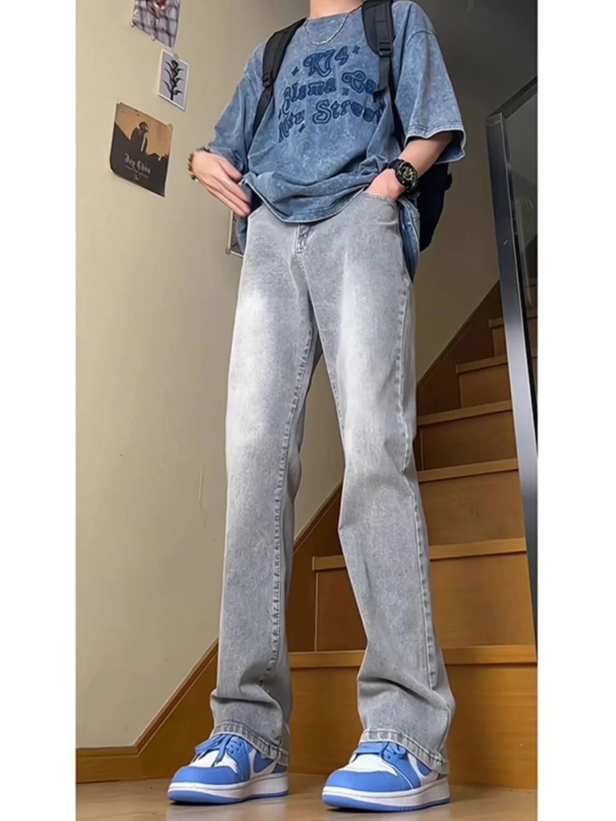 

Soft Faded ey Denim Jeans Men's Spring Autumn High Waist Straight Leg Micro Flared Pants Trendy Wear Resistant Long Trousers