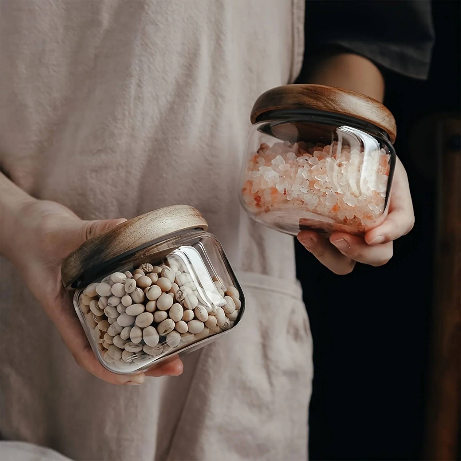 

Food Grade Honey Storage Jar Glass Container with Wooden Lid for Coffee Beans Jam Dry Food