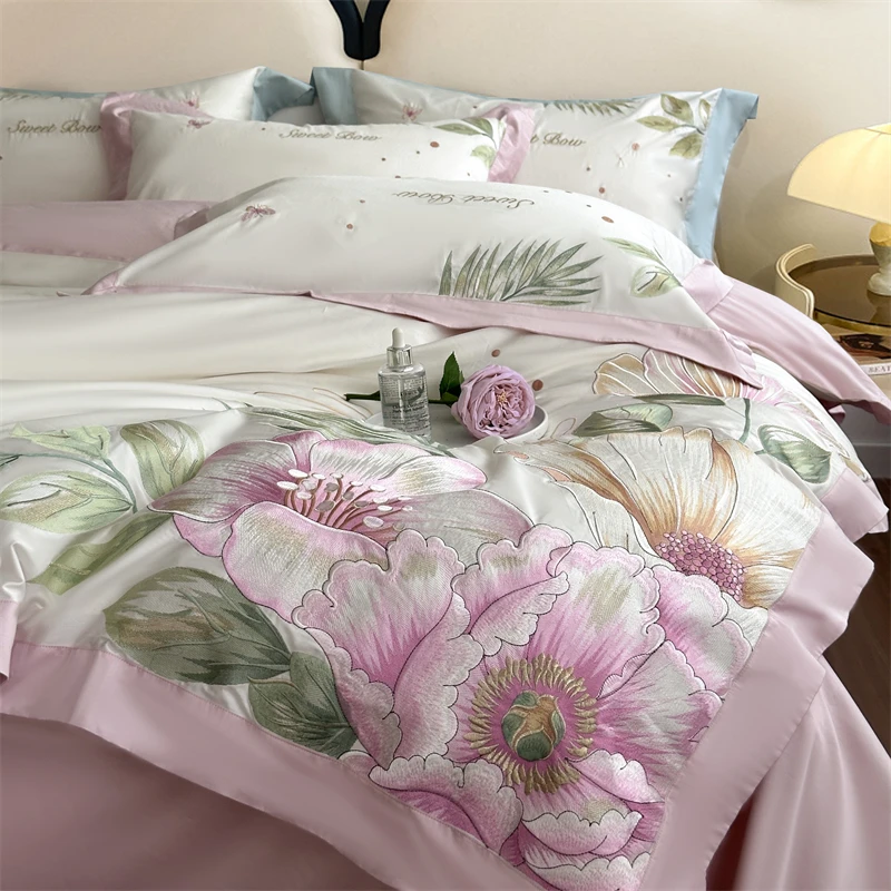 Four-piece light luxury high-end pastoral cover bedding new Chinese embroidered pure cotton quilt cover simple color matching