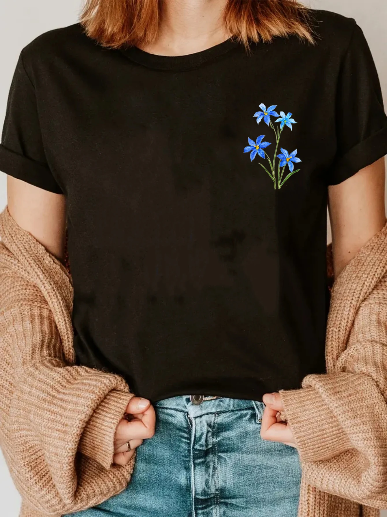 Hand Drawn Blue Eyes Grass Flower Watercolor Classic T-Shirt, Flower Shirt,Blue Flower T-Shirt For Women, Plant Shirt Summer Tee
