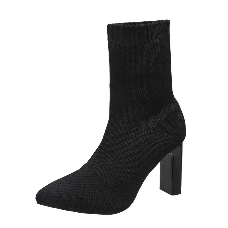 Women Knitted Socks Boots Sexy Pointed Toe Slim Fit High-Heeled Shoes Stretchy Thick Heels Boots Zapatos Mujer 2024Tendencia