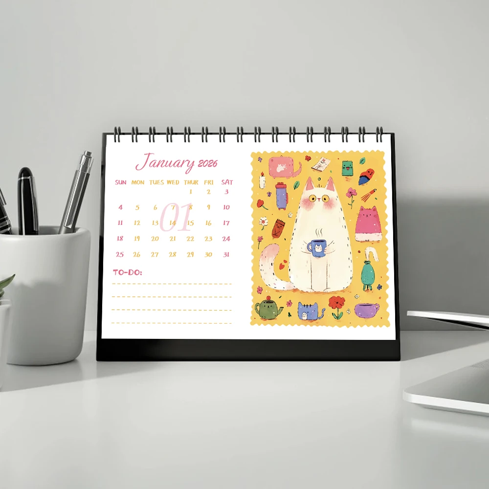 

1 шт. календарь на 2026 год, настольный календарь с рисунком кота на тему мультфильма, стоячий стол, идеальный подарок на дни рождения и праздники