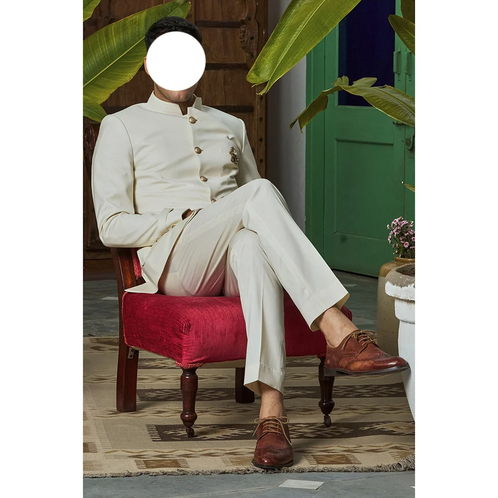 

Gentle White Straight Single Breasted Stand Collar Men Suits Simple Wedding Casual Man Sets 2 Pieces (Jacket+Pants) Customized