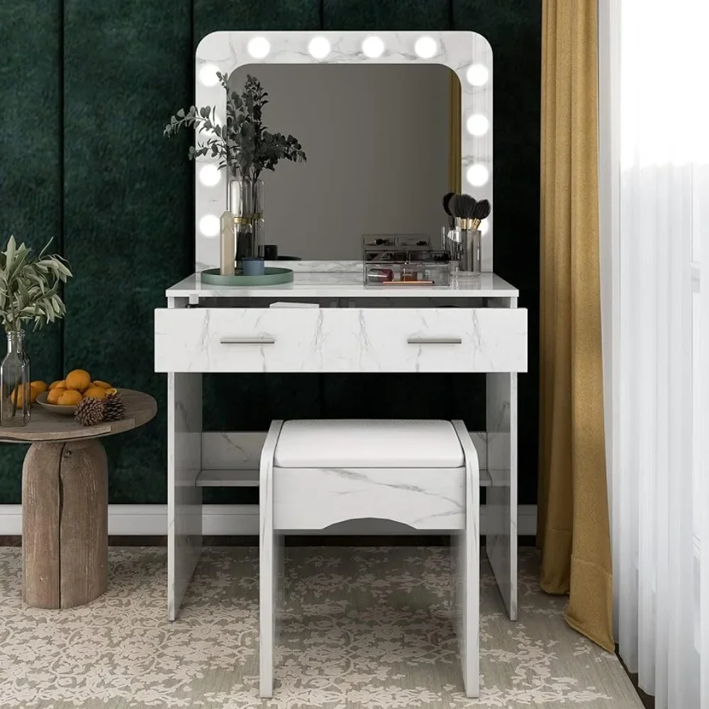 Makeup Vanity Makeup Dressing Table With Mirror Lights and Table Set White 2 Drawers Vanity Set With 12 Light Bulbs Freight free