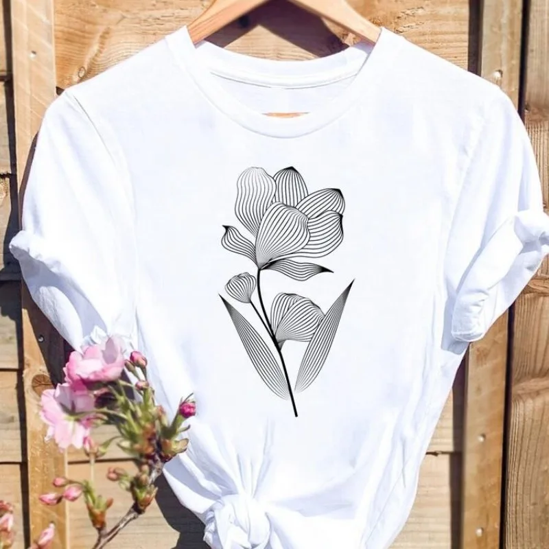 Camiseta de manga corta con estampado de flores para mujer, ropa Europea encantadora, camisetas de gran tamaño