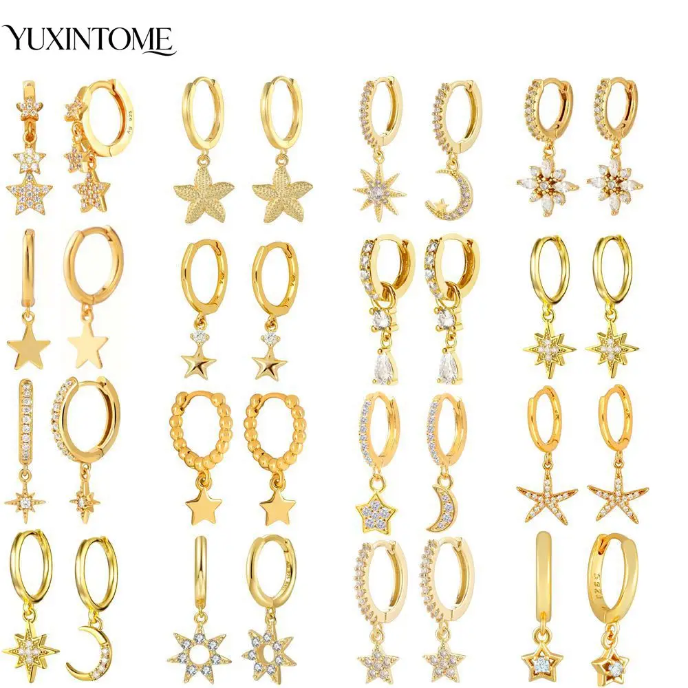 

Five-Pointed Star Sparkling Charms Earrings 925 Sterling Silver Needle Pendant Hoop Earrings for Women Fashion Valentines Gift