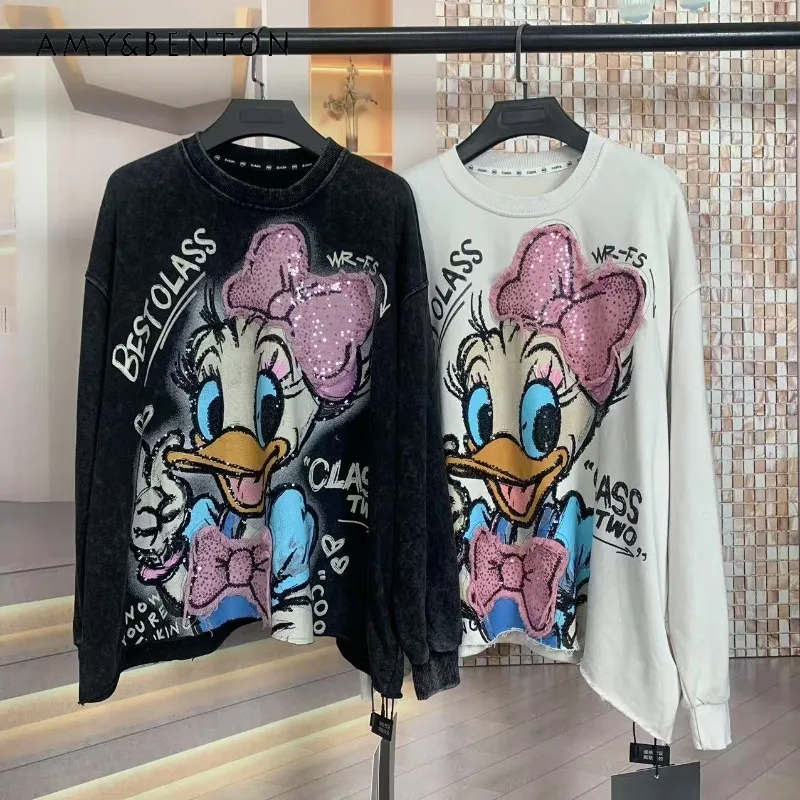 

Heavy Industry Loose Fashion Washing Cartoon Small Crew Neck Popular Sweatshirts 2025 Autumn And Winter New Hoodies Top Pullover