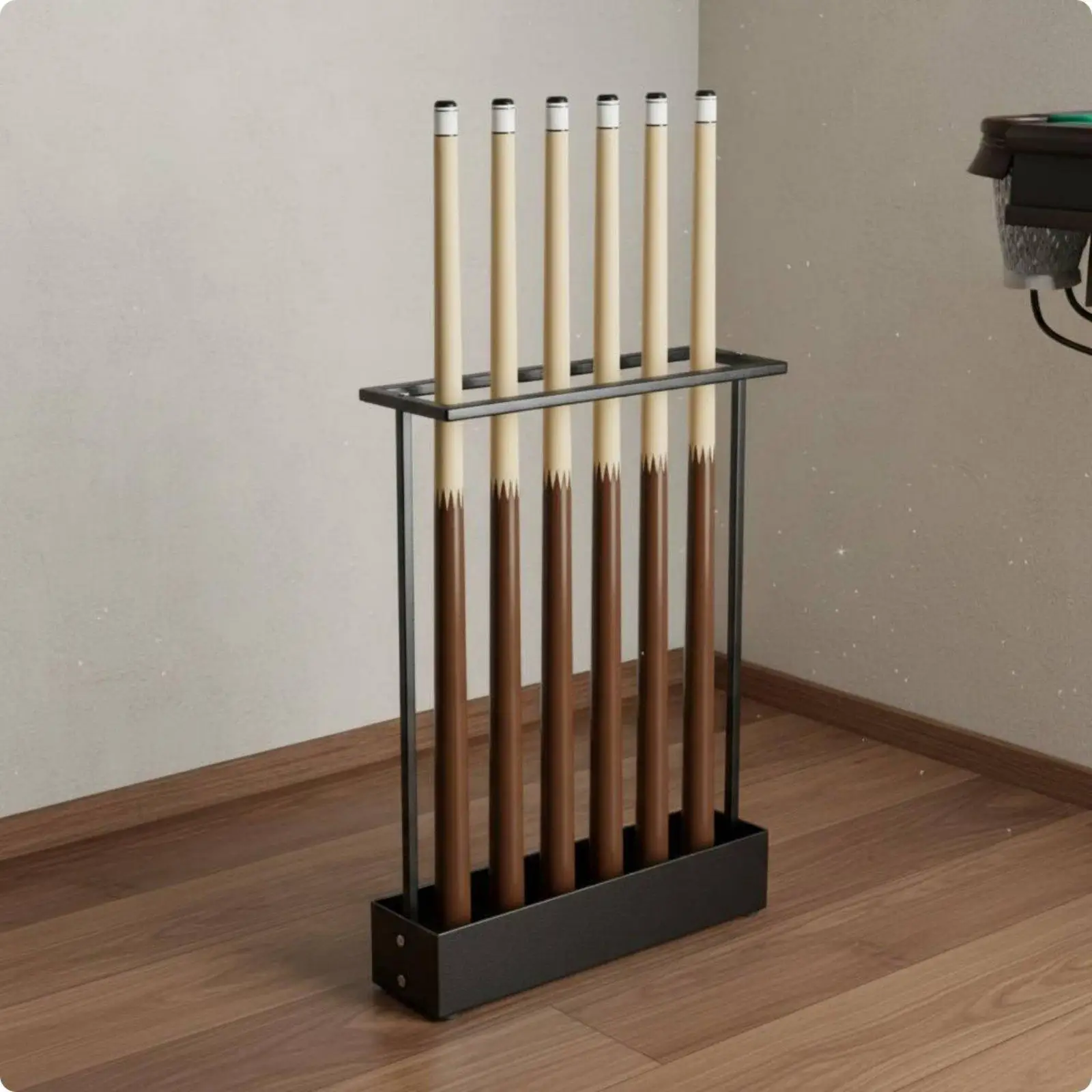 Space Saving Sports Equipment Rack Upright Cue Holder Metal Billiard Sticks Stand Floor Storage for Pool Area