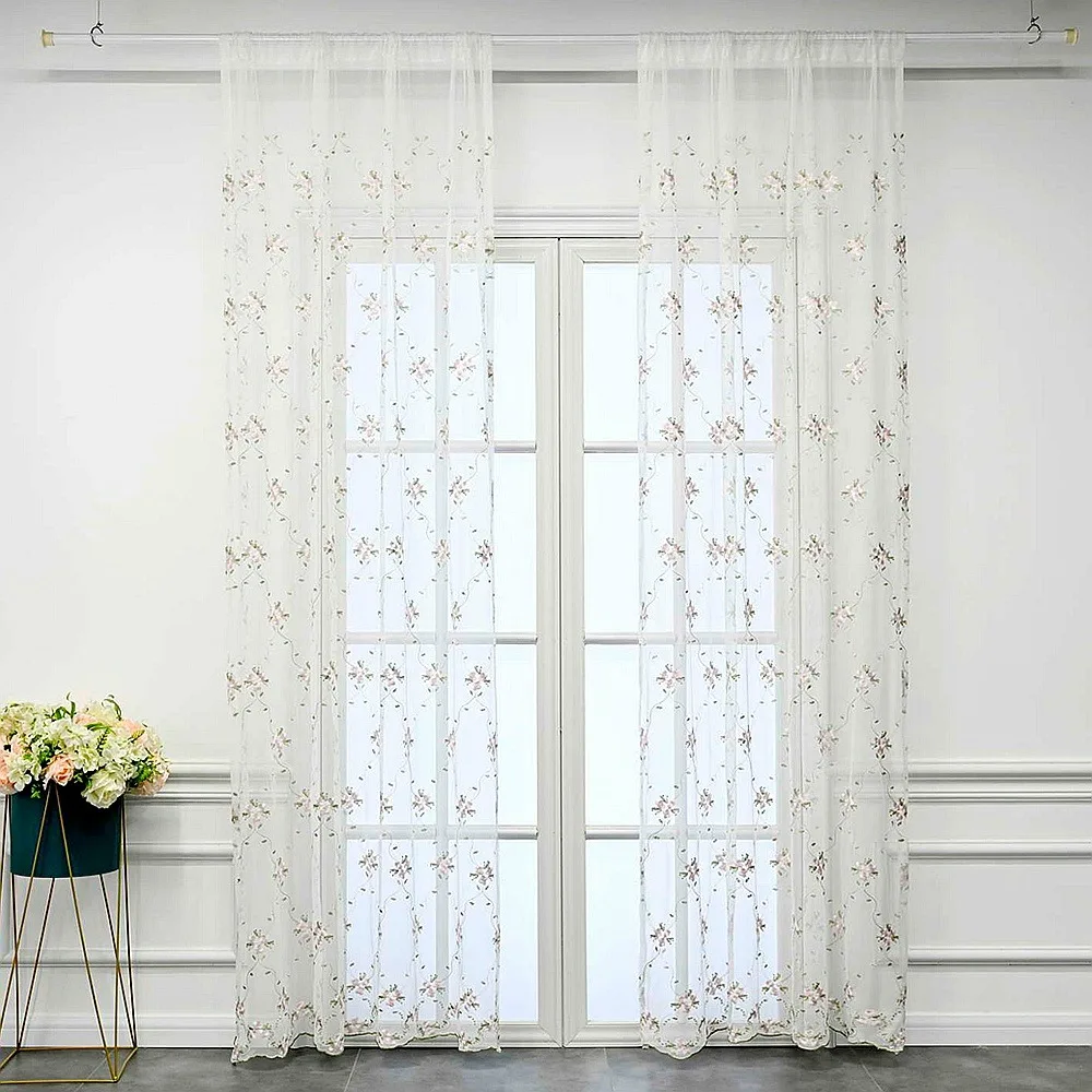 1pc Pastoral Pink Flower Embroidered Sheer Curtains for Bedroom Vintage Floral Lace Voile Drapes Window Treatment Nursery Decor