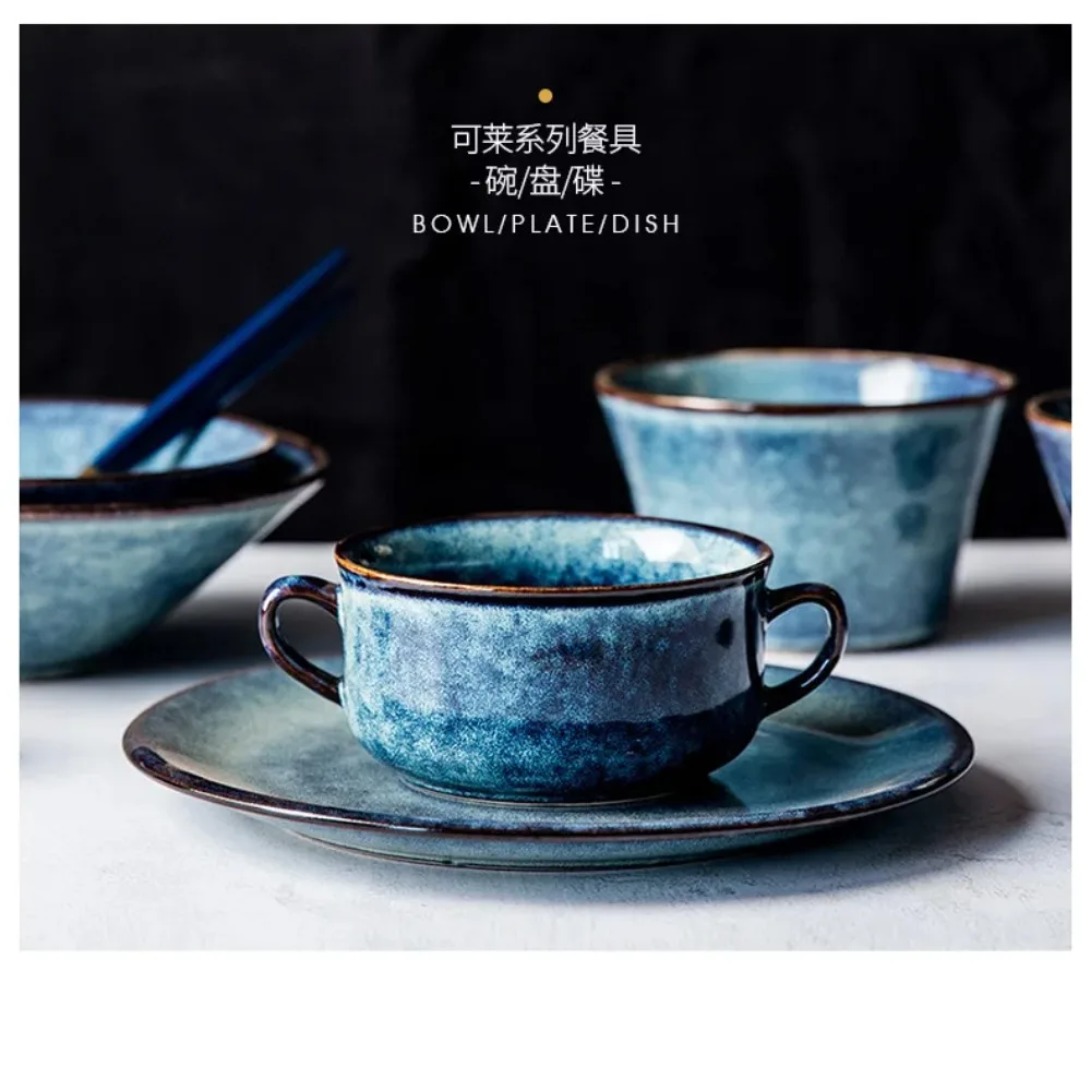 Chinese Retro Ceramic Tableware With Handles - Dessert Bowl, Salad Bowl, Dinner Plate, Household Noodle Bowl