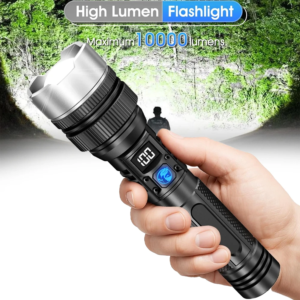 100000LM Super Bright Flashlight Rechargeable LED Torch Long Range Tactical Lamp for Outdoor Waterproof Camping Fishing Lantern