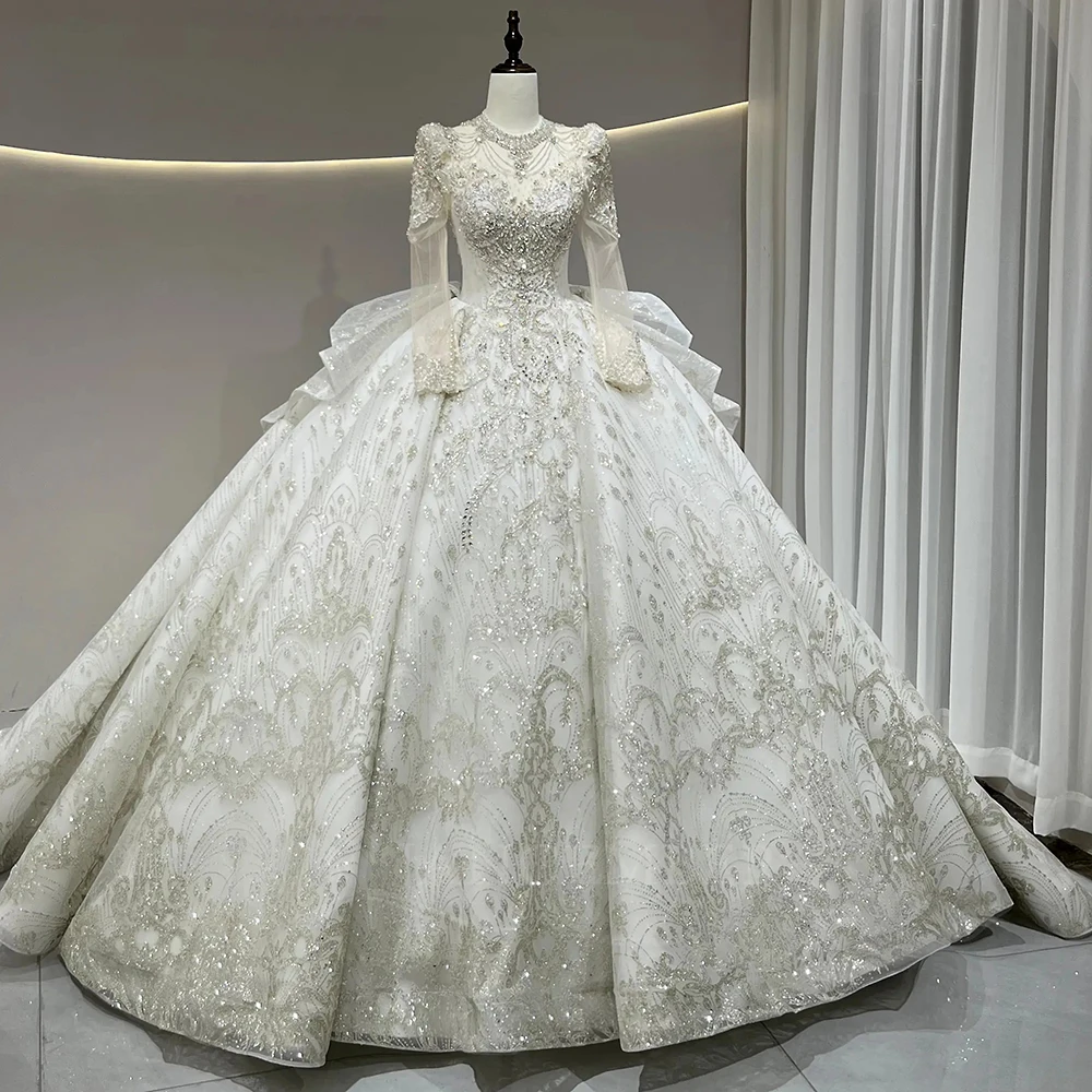 

Винтажное сверкающее свадебное бальное платье из органзы с жемчугом, свадебное платье с иллюзией и длинными рукавами, дворцовый свадебный халат, индивидуальные оборки
