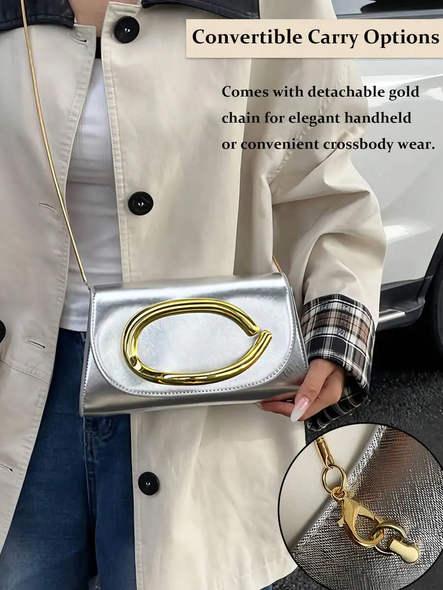 

Elegant Silver Clutch Bag With Detachable Gold Chain Strap For Evening Party Wedding