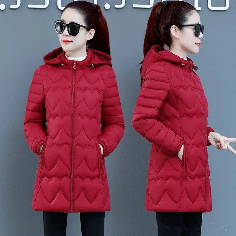 Women's Thin Down Cotton-Padded Jacket, Elegant Overcoat, Loose Warm, Detachable Hooded, Long Coat, 6XL, Autumn, Winter, 2023