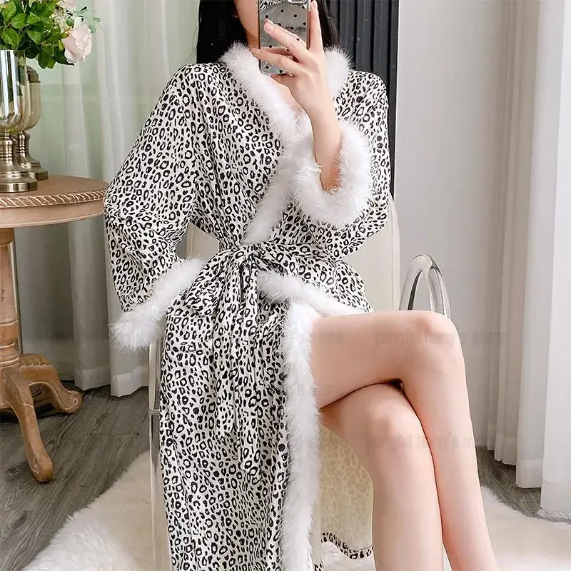 Island Velvet Bathrobe Sexy Leopard Kimono Gown Home Clothes Long Pajamas Sleepwear Lady Autumn Winter New Intimate Lingerie