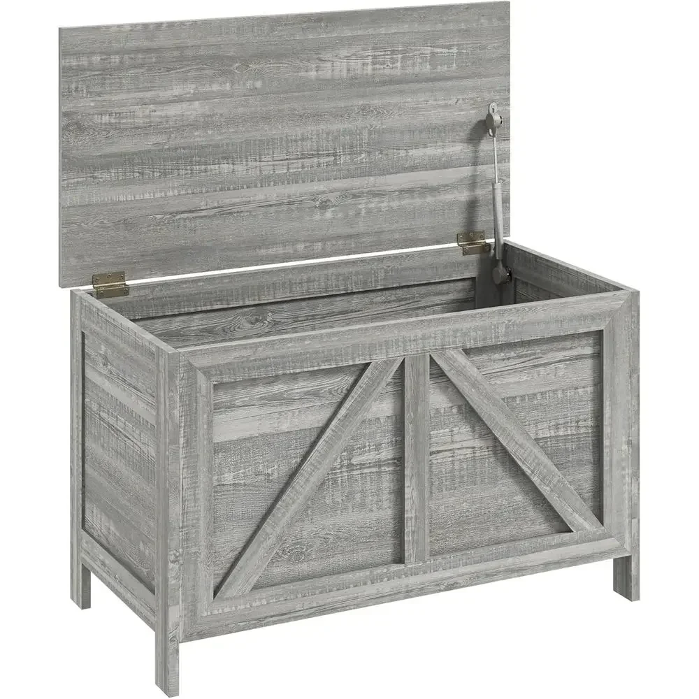 Gray Wood-Grain Storage Bench with 100° Hinge, 30 Armhouse, Lit Top Chest for Bedroom, Entryway, Living Room