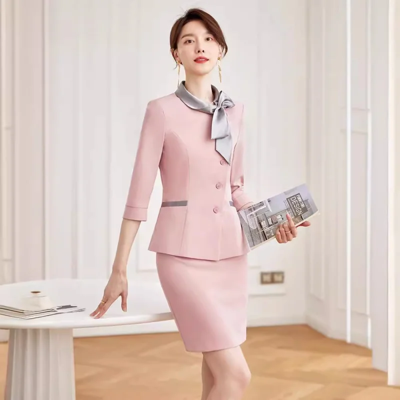 Spring and Summer Pink Suit Business Wear Women's Suit Fashion Stewardess Uniform Beauty Academy Formal Wear Front Stage Work We