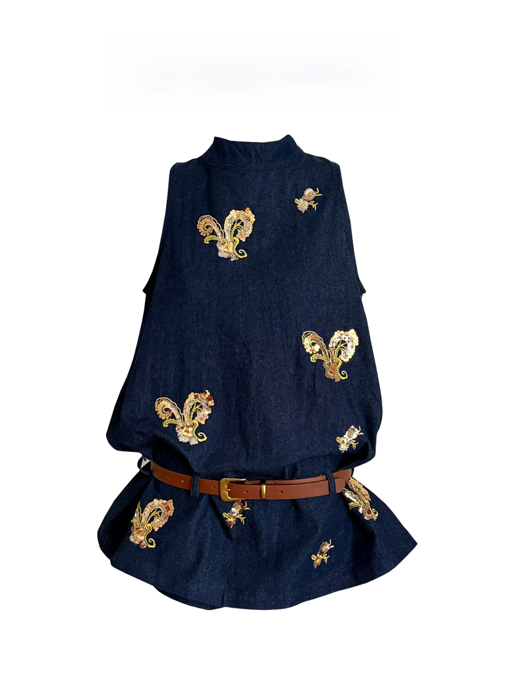 

New Chinese Style Embroidered Denim Vest Shorts Set High Waist Slim Wide Leg Pants Sleeveless Top Two Piece Set Women's Fashion