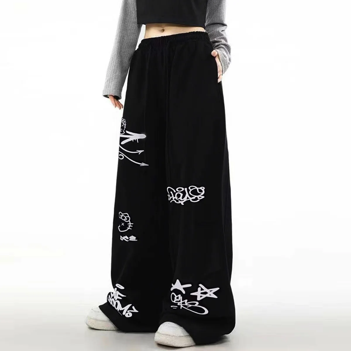 American street hip-hop jazz graffiti hanging straight leg sweatpants High waist loose dancing wide leg casual pants