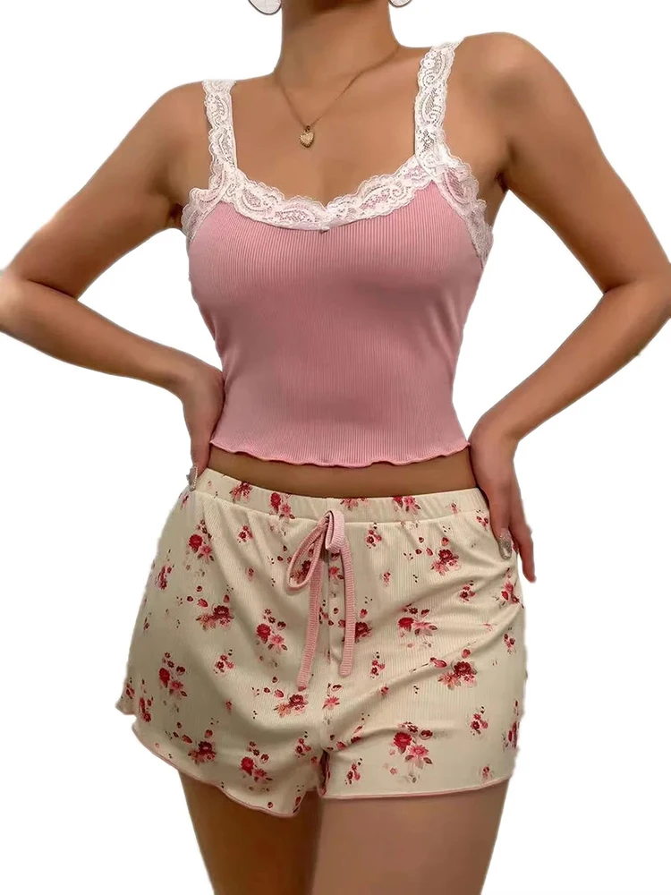 Women's Two-Piece Summer Ribbed Knitted Flower Print Lace Trimmed Camisole Vest and Bow Shorts Sexy Pajama Set image 6