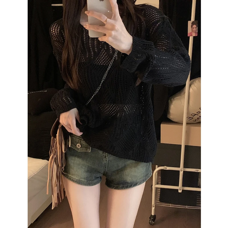 Pullovers Women Crochet Knit Long Sleeve Sheer Hollow Out Open-Knit Cover Up Top Teen-girl Spring Summer Vacation Beach Wear