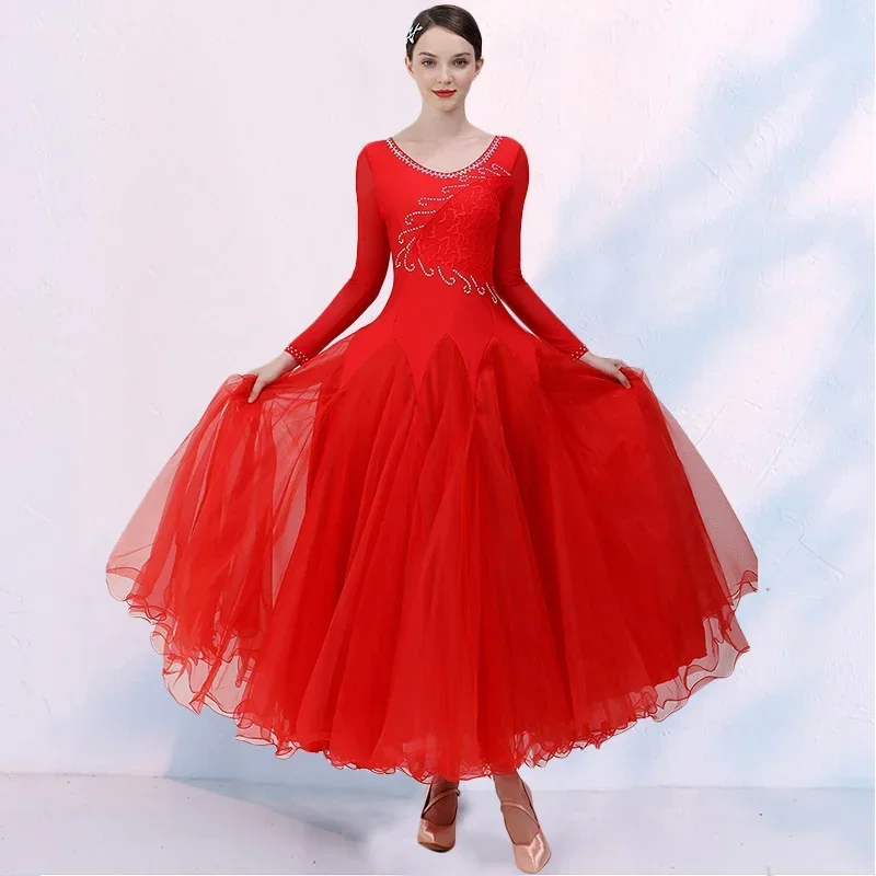 2023 New Pink Ballroom Dance Dress Women Performance Lace Waltz Practice Clothes Big Swing Competition Modern Standard Costumes