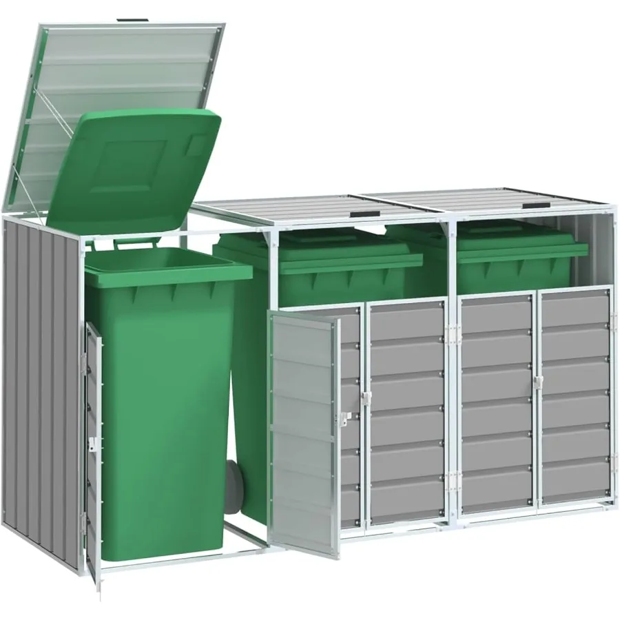 Outdoor triple wheelie bin storage shed for 3x240L bins, grey steel construction, weather-resistant with automatic lid and vent