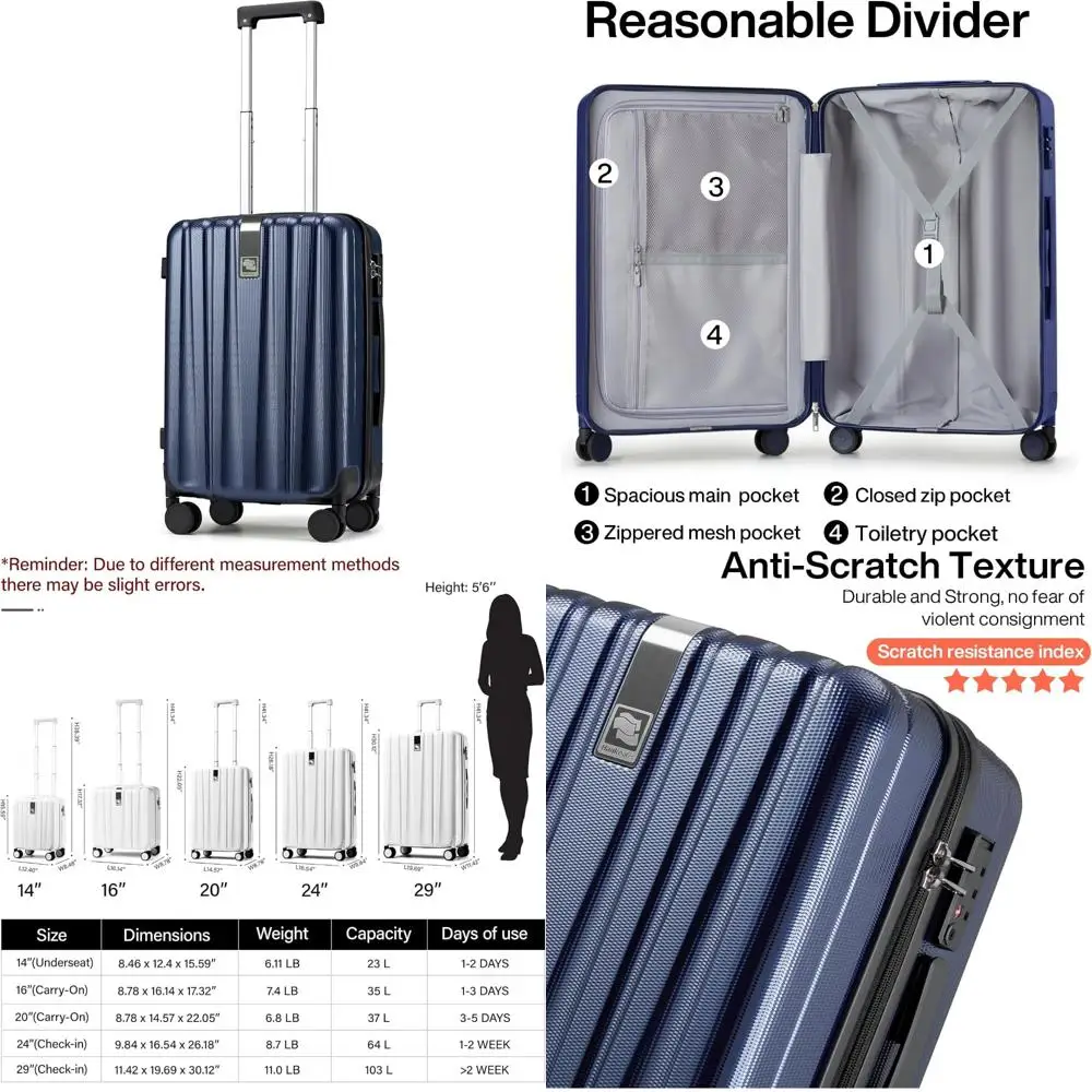 

20-дюймовый легкий чемодан с твердым корпусом, одобренный авиакомпанией и колесами для путешествий, размеры 22x14x9