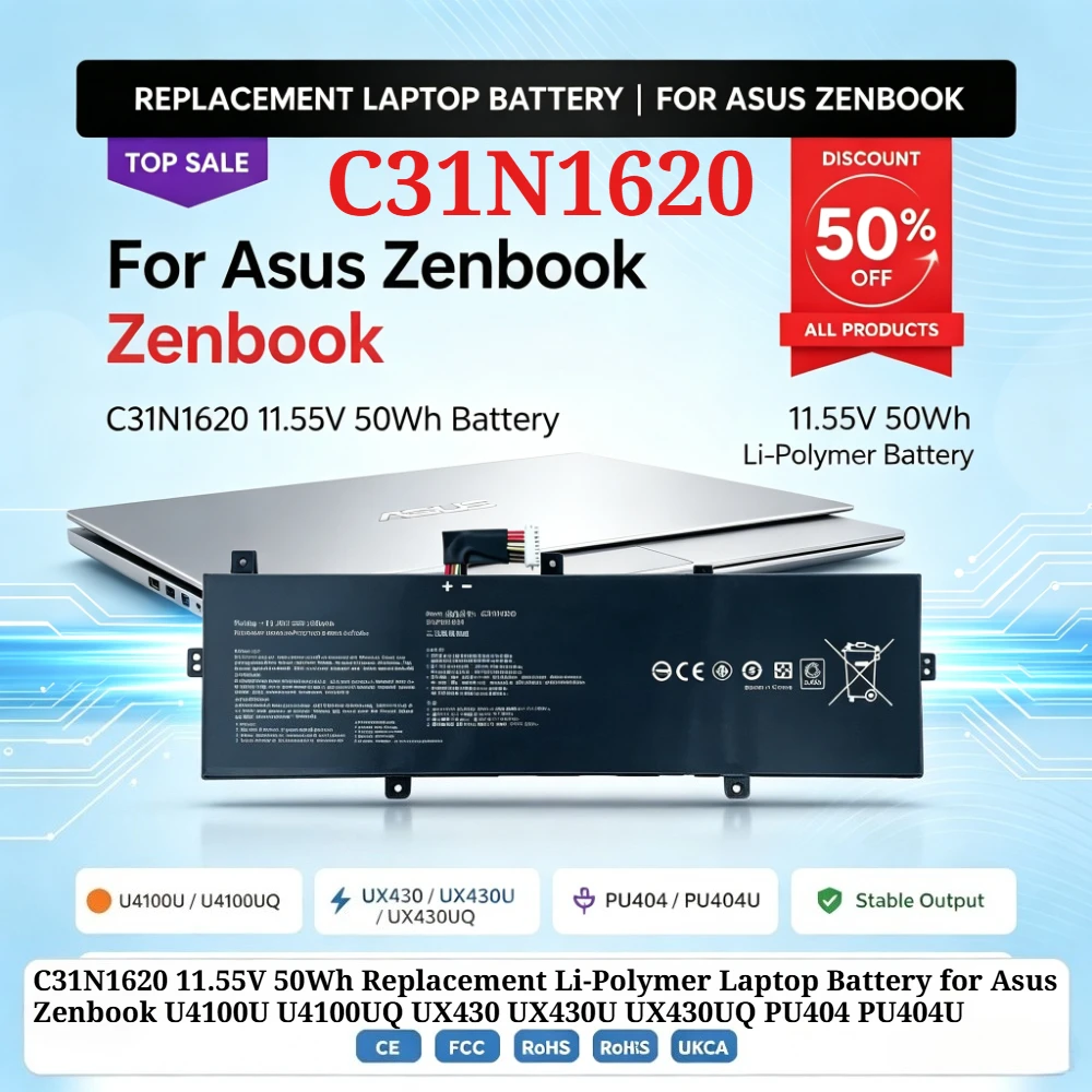 C31N1620 11.55V 50Wh Replacement Li-Polymer Laptop Battery for Asus Zenbook U4100U U4100UQ UX430 UX430U UX430UQ PU404 PU404U