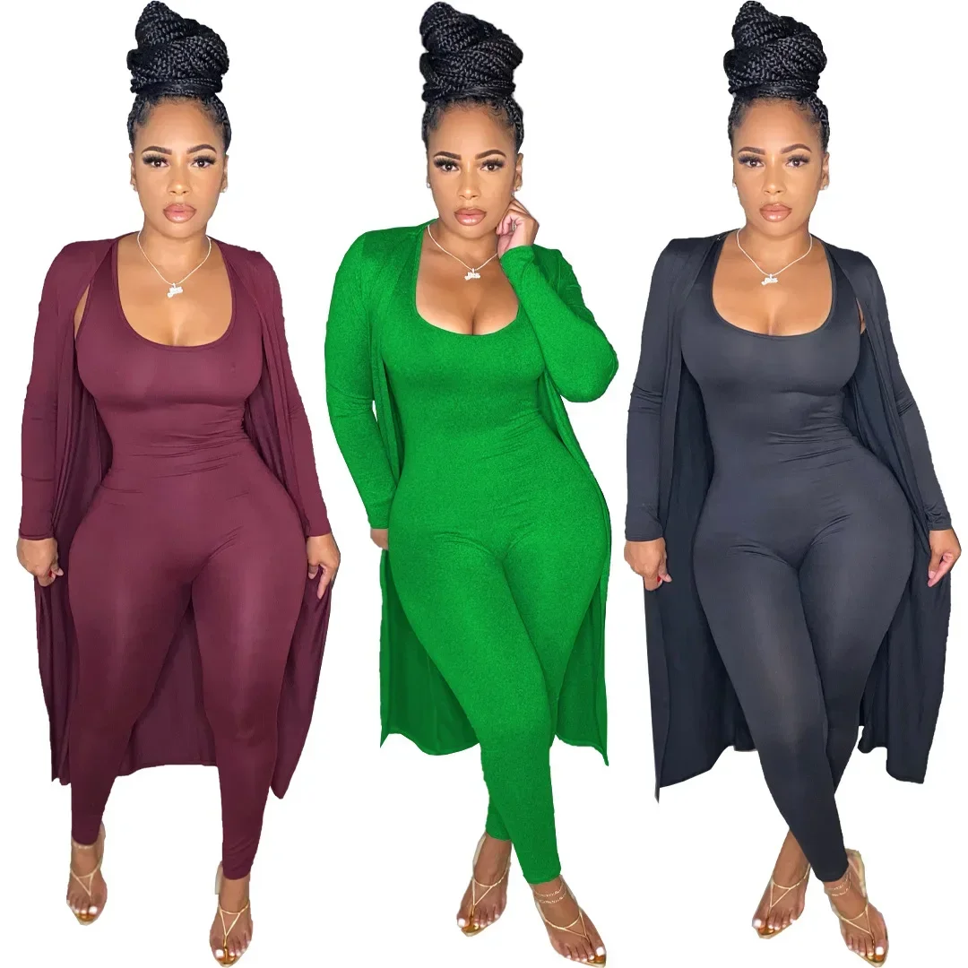 

Women Pants Sets Two Piece Long Sleeve Jumpsuits Round Neck Pencil Pants Pullover Solid Slim Fit Sheath Cardigan Casual