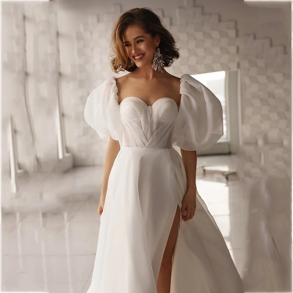 

UETEEY Glamorous Sweetheart Wedding Dress Chiffon Off-the-shoulder Side Split Backless Bridal Gown Sweep Train robe de mariée