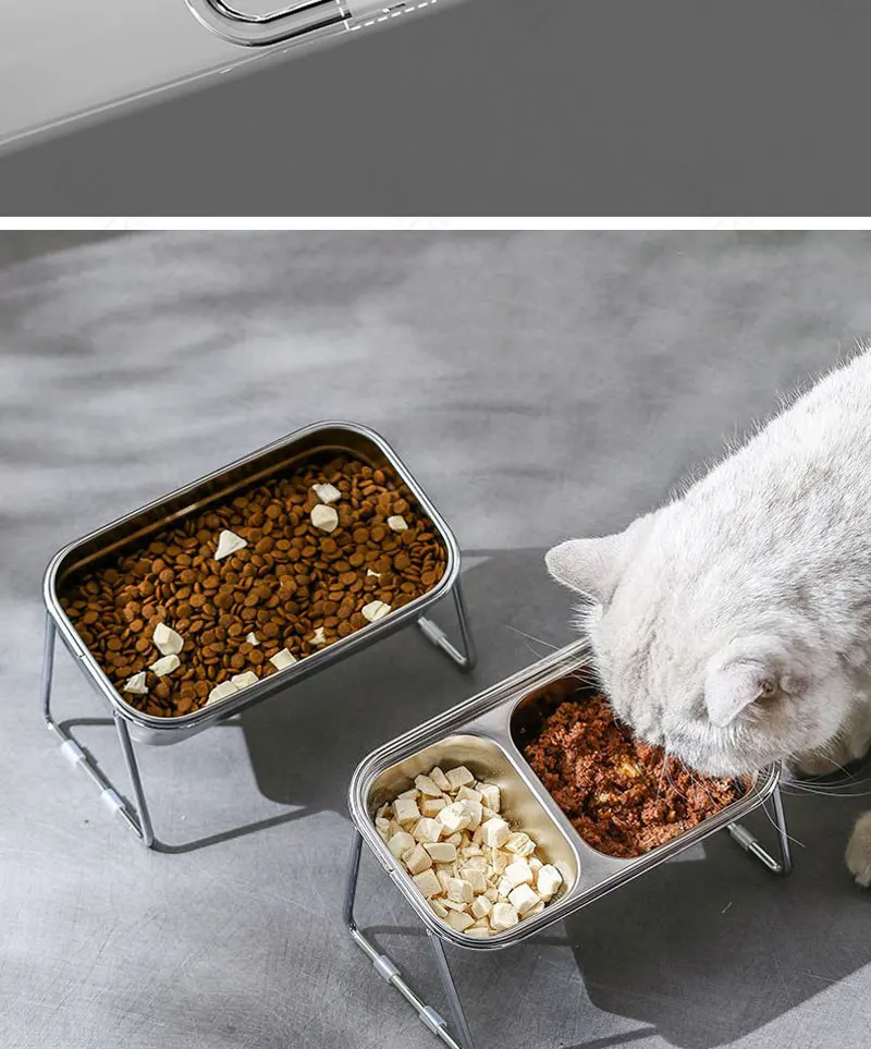 15 ° Erhöhter Katzenspeisewannen-Set aus 304 Edelstahl, Neigbarer Hals-Schutz, Rutschfester Napf mit Hohem Fuß, Futter- und Wassernapf – Detail 9