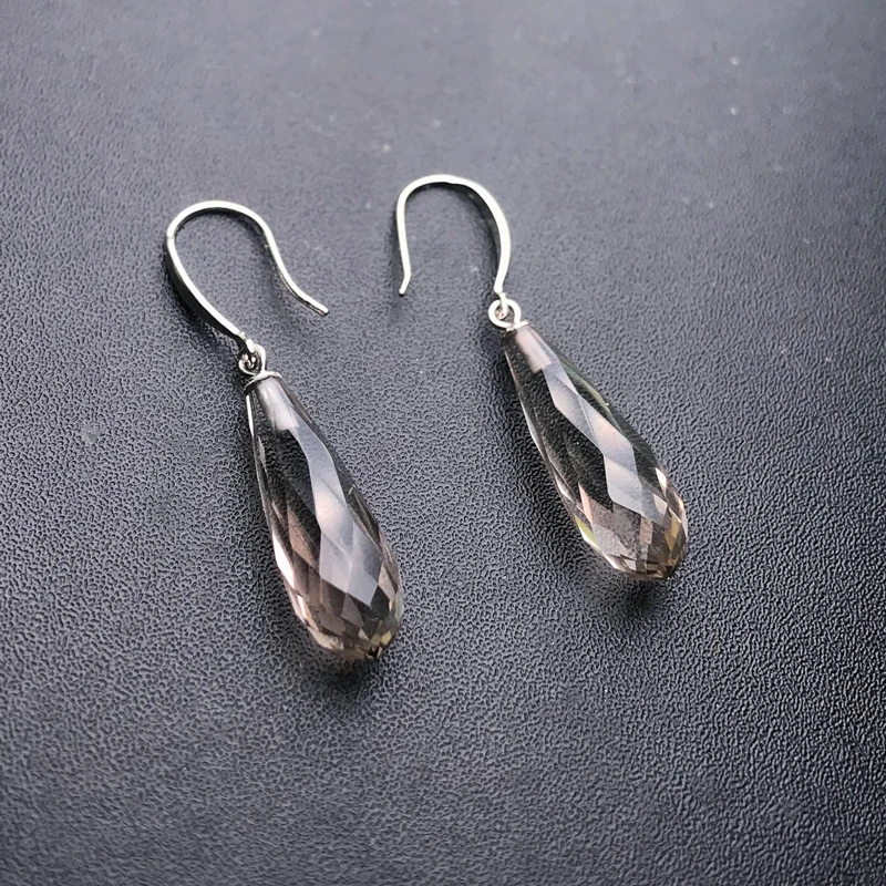 CSJ Elegant Natural Smoky Quartz Earrings Sterling 925 Silver Water Drop 8*23mm for Women Party Birthday Jewelry Gift