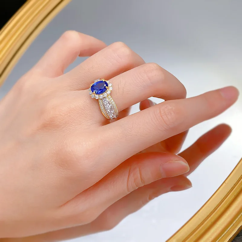 Free ShippingNew 925 Silver French Lace Imitation Sapphire 6 * 8 Oval Ring Women's Fashion Romantic Jewelry Dinner Party Wedding